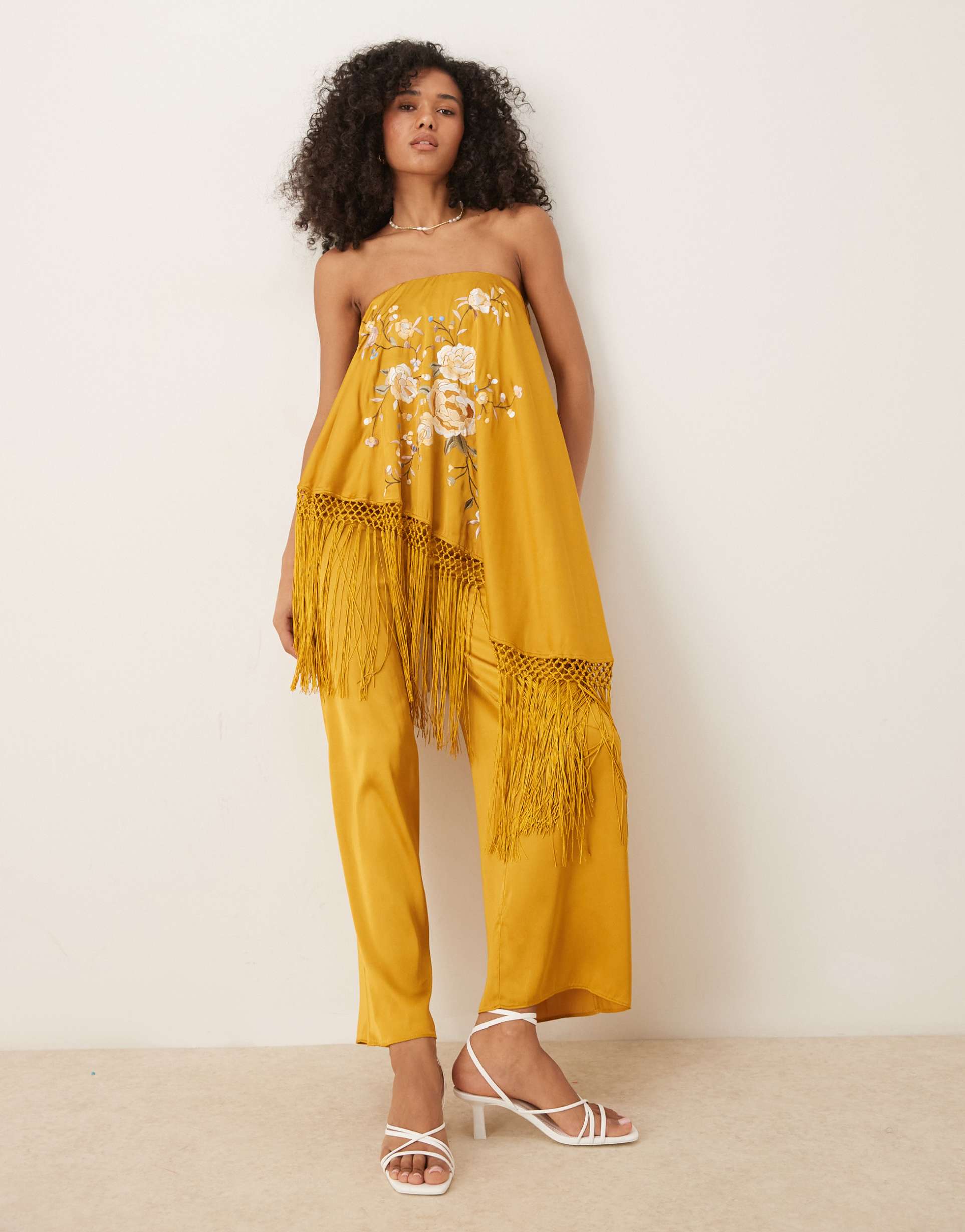 asos design embroidered fringe overlay satin jumpsuit in ochre