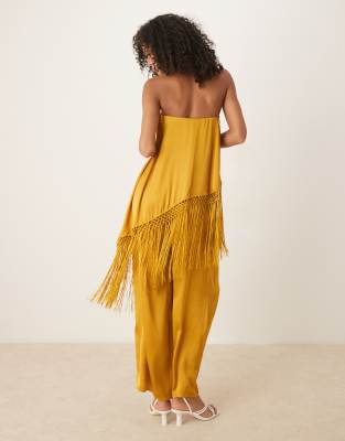 Asos Design Embroidered Fringe Overlay Satin Jumpsuit In Yellow