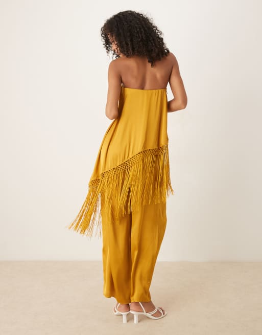 ASOS DESIGN embroidered fringe overlay satin jumpsuit in ochre