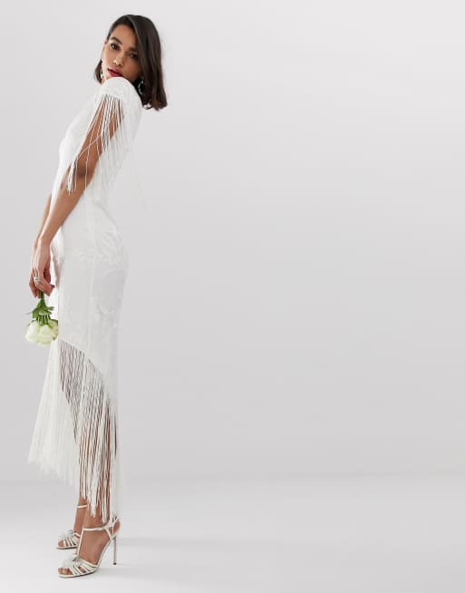ASOS DESIGN embroidered fringe wedding dress