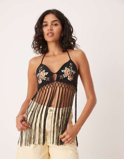 ASOS DESIGN embroidered fringed cami top in black, 3 of 4