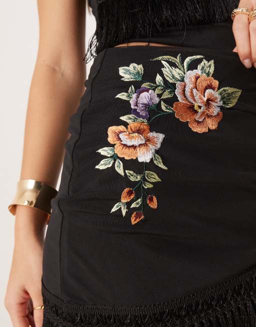 ASOS DESIGN embroidered fringed wrap mini skirt in black - part of a set, 5 of 5