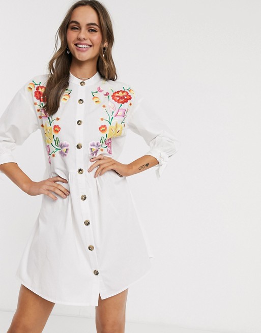 ASOS DESIGN embroidered grandad collar button through mini smock dress with tie sleeves in white