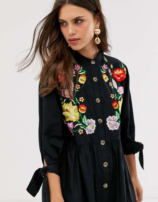 ASOS DESIGN embroidered grandad collar button through mini smock dress with tie sleeves, 3 of 4