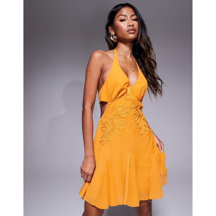 ASOS DESIGN embroidered halter mini dress with godets in bright orange |  ASOS