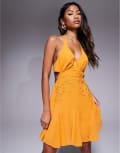 [ASOS DESIGN] ASOS DESIGN embroidered halter mini dress with godets in bright orange 16 ORANGE
