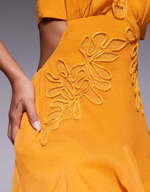 ASOS DESIGN embroidered halter mini dress with godets in bright orange