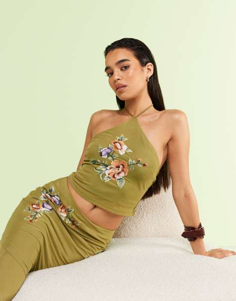ASOS DESIGN embroidered halter neck top in green - part of a set - view 1