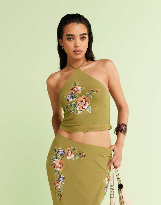ASOS DESIGN embroidered halter neck top in green (Part of a set), 2 of 4