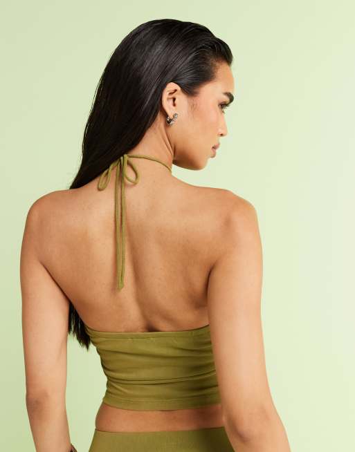 ASOS DESIGN embroidered halter neck top in green (Part of a set), 3 of 4