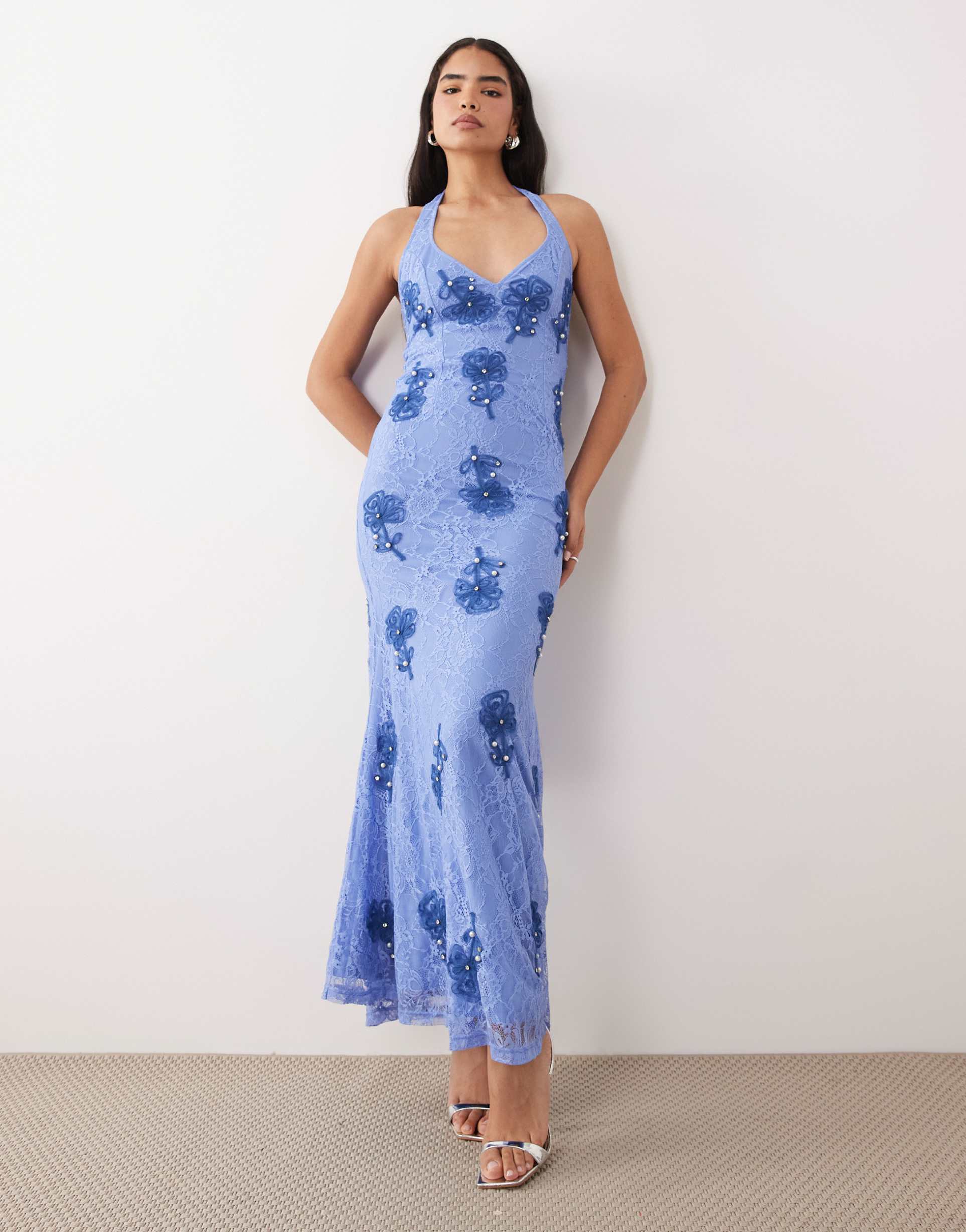 asos design embroidered halterneck maxi dress with tie back in blue