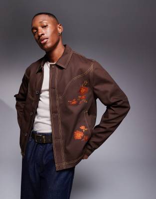 Asos Design Embroidered Harrington Jacket In Brown