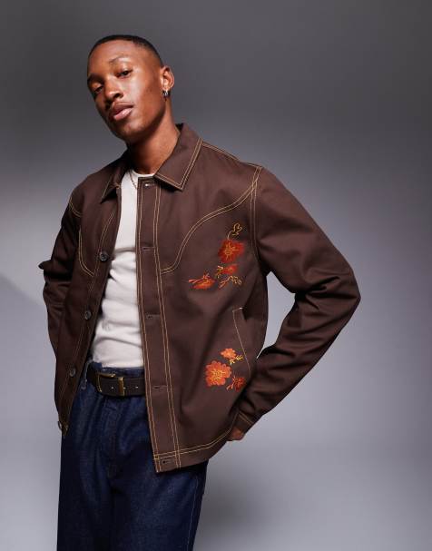 ASOS DESIGN embroidered harrington jacket in brown - view 1