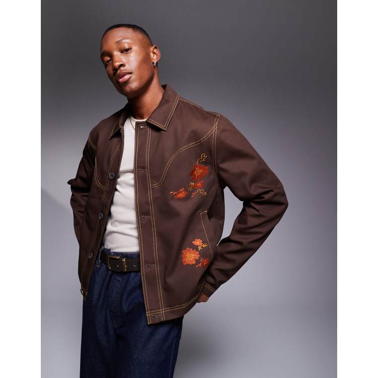 ASOS DESIGN embroidered harrington jacket in brown | ASOS