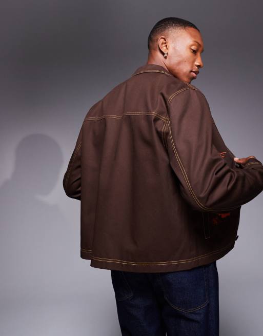 ASOS DESIGN embroidered harrington jacket in brown