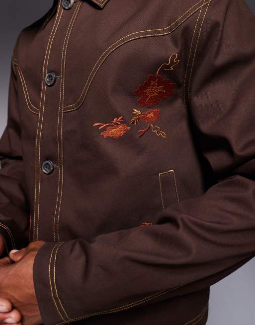 ASOS DESIGN embroidered harrington jacket in brown