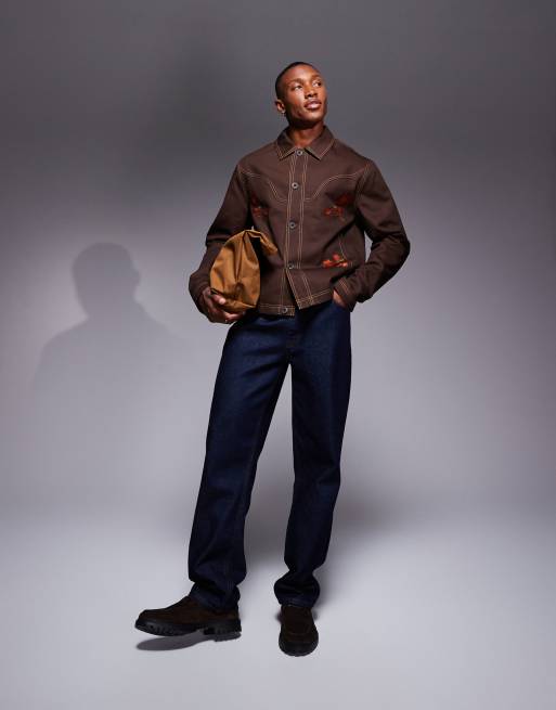 ASOS DESIGN embroidered harrington jacket in brown