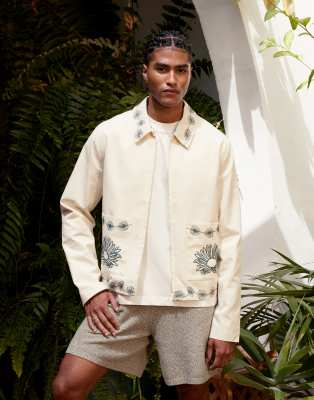 embroidered harrington jacket in ecru-Neutral