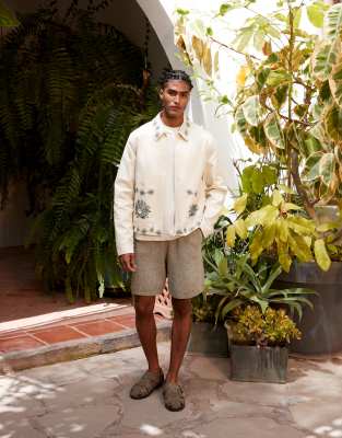 Asos Design Embroidered Harrington Jacket In Neutral