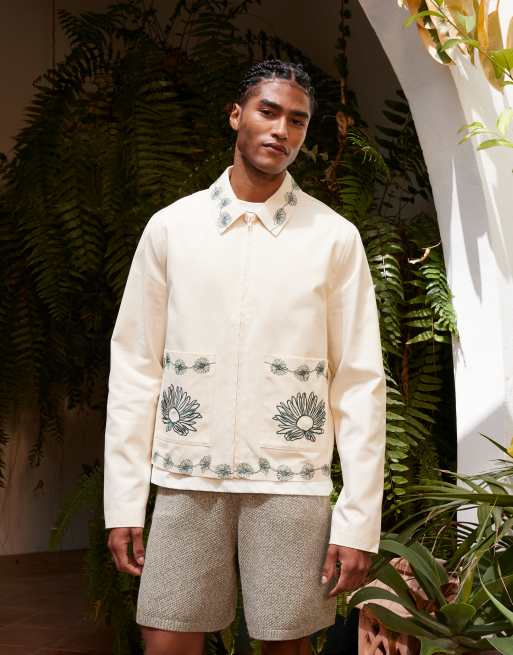 ASOS DESIGN embroidered harrington jacket in ecru