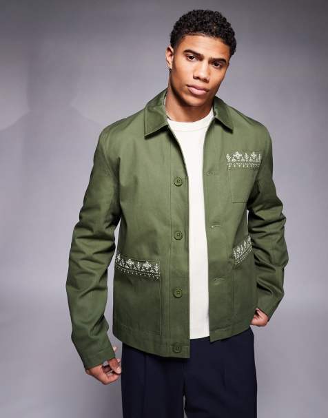 ASOS DESIGN embroidered harrington jacket in khaki - view 1
