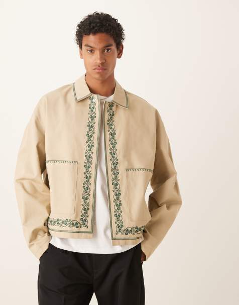 ASOS DESIGN embroidered harrington jacket in stone - view 1