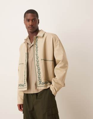 Asos Design Embroidered Harrington Jacket In Neutral