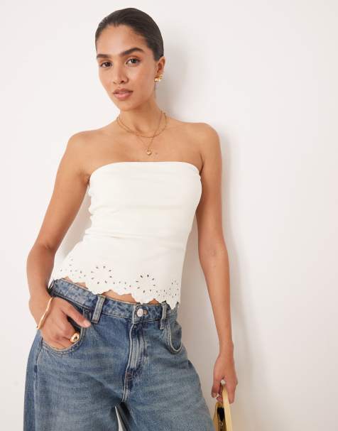 ASOS DESIGN embroidered hem bandeau top in white - WHITE - view 1