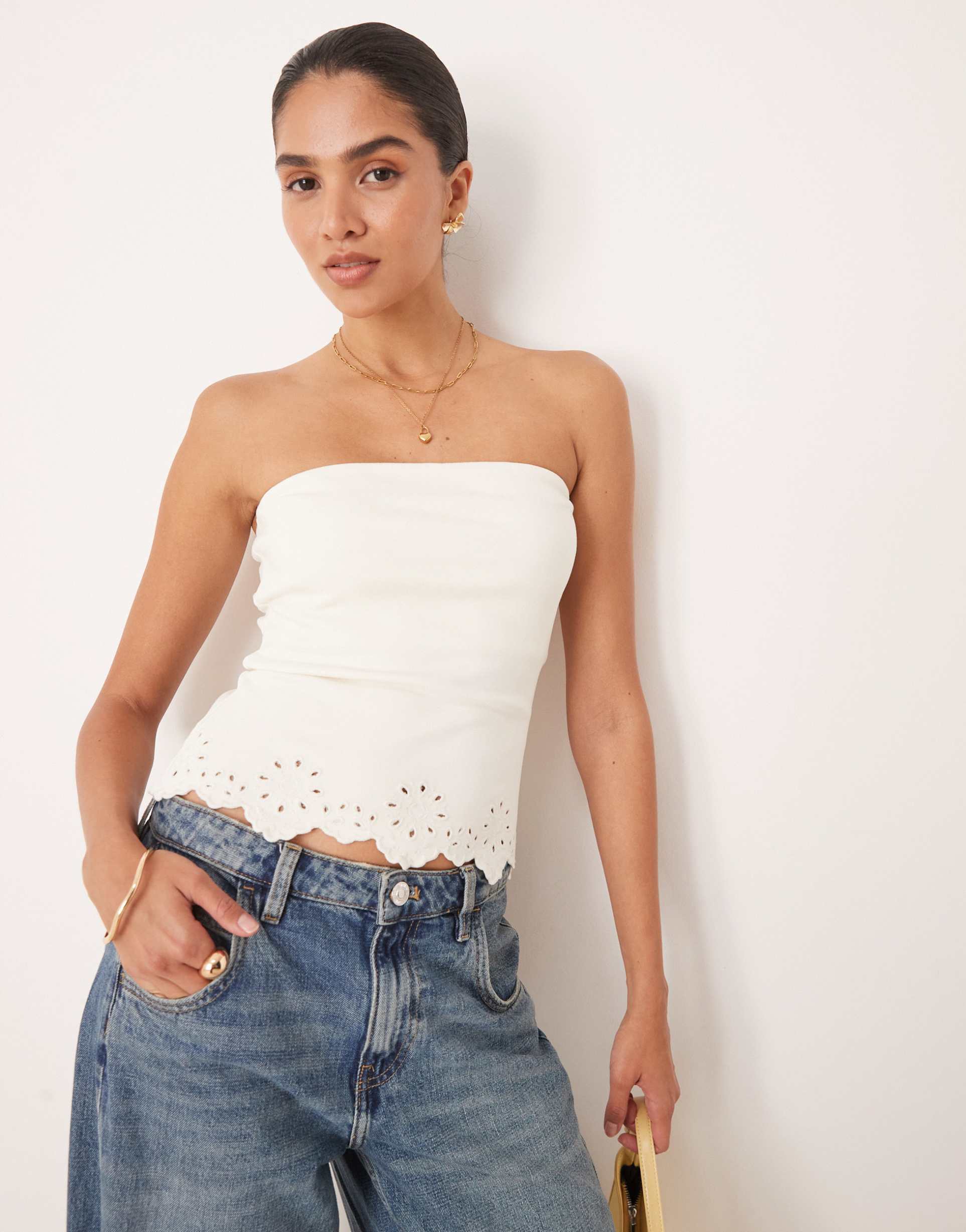 asos design embroidered hem bandeau top in white