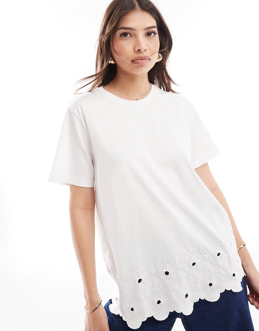 Asos Design Embroidered Hem T-shirt In White