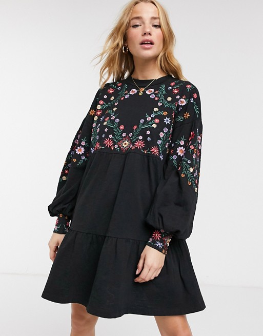 ASOS DESIGN embroidered high neck mini smock dress in black