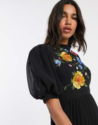 asos design pleated high neck midi dress with embroidery