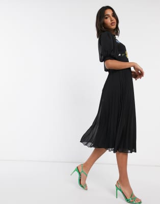 asos design pleated high neck midi dress with embroidery