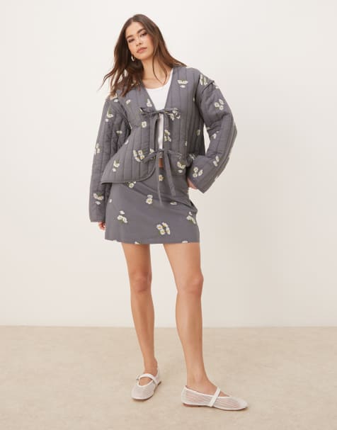 ASOS DESIGN embroidered jacket and mini skirt set in washed grey - view 1