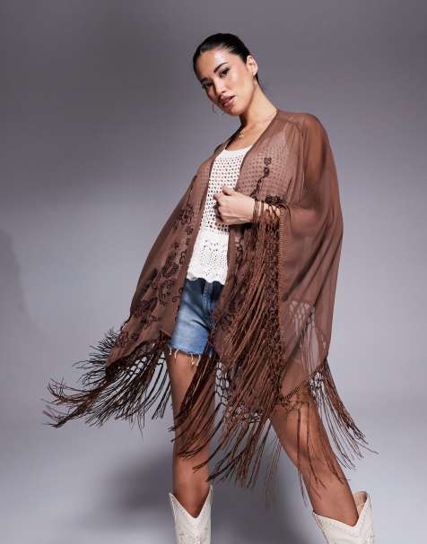 ASOS DESIGN embroidered kimono with fringe detail in brown - view 1