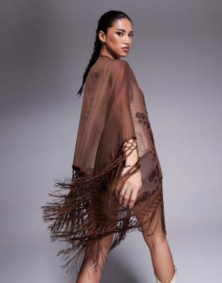 Asos Design Embroidered Kimono With Fringe Detail