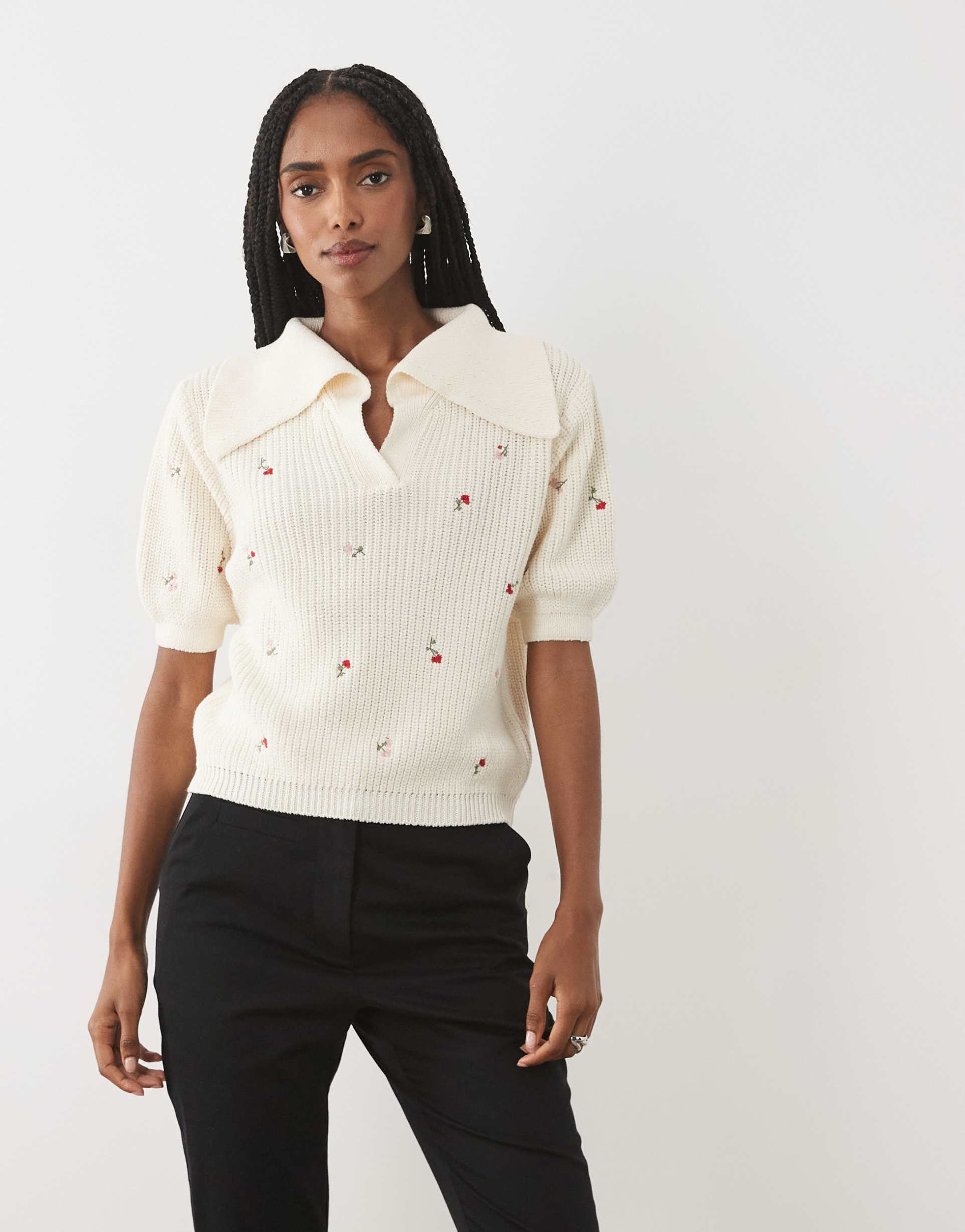 asos design embroidered knit polo shirt in cream