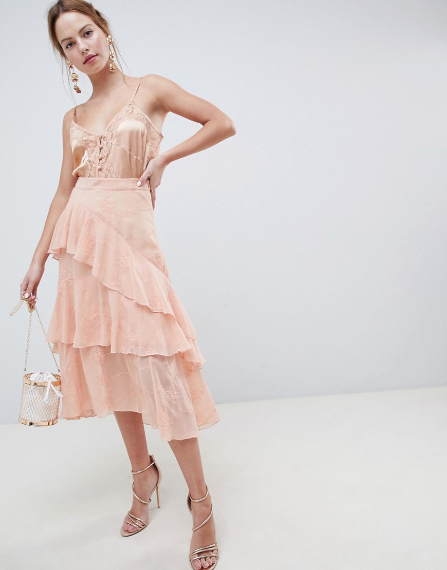 ASOS DESIGN embroidered lace asymmetric ruffle high low midi skirt-Pink