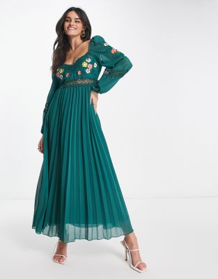 Asos Design Embroidered Lace Insert Pleated Midi Dress With Long Sleeves In Pine Green