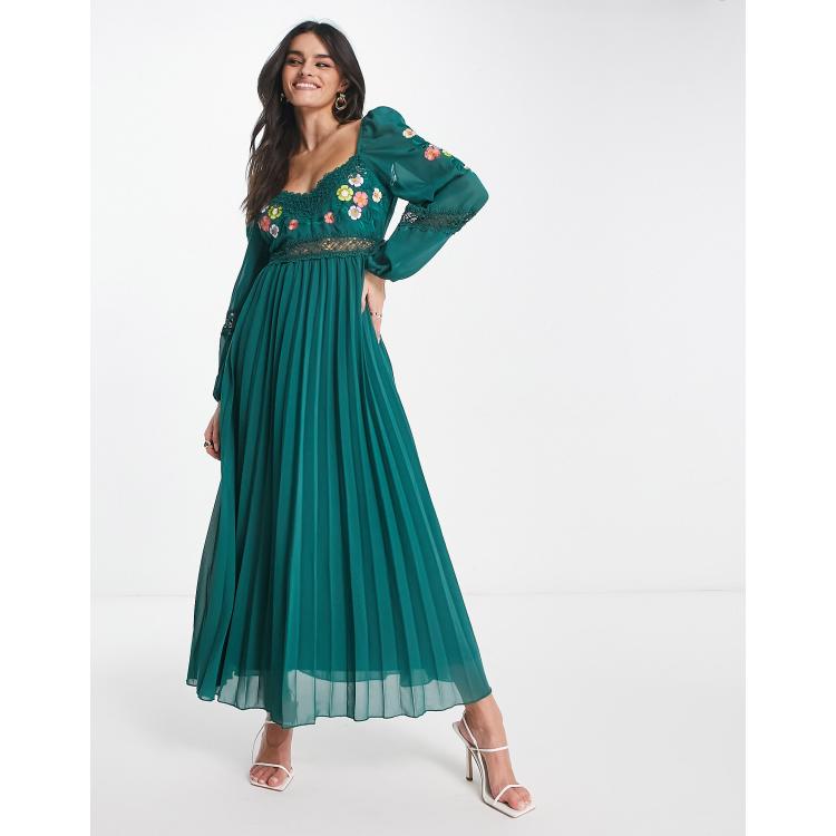 Over marbled dress ClassicfuncenterShops DESIGN embroidered lace insert pleated midi dress with long sleeves in pine green ClassicfuncenterShops