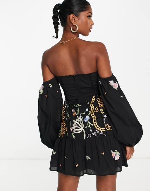 Asos design embroidered mini dress with lace on sale trims