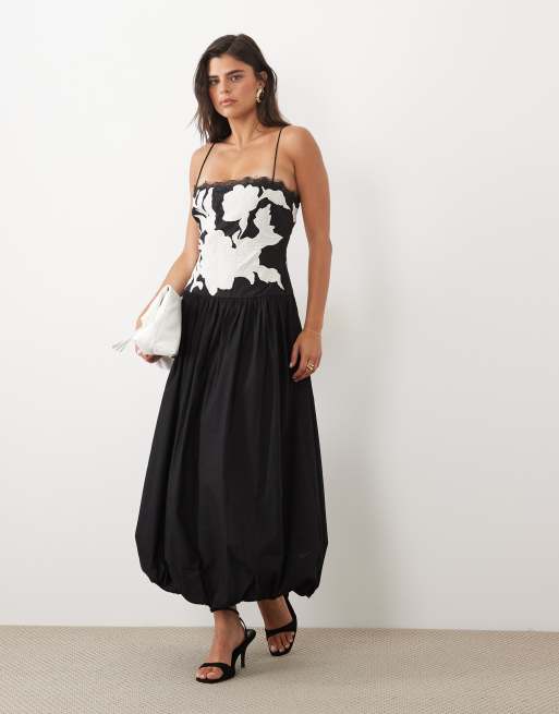 black and white embroidered dress Tropical Destination Floral Linen Midi Flare Dress Scoop Neck Sleeveless Pullover Hits Below Knee Imported Fit Black & White Embroidered Midi
