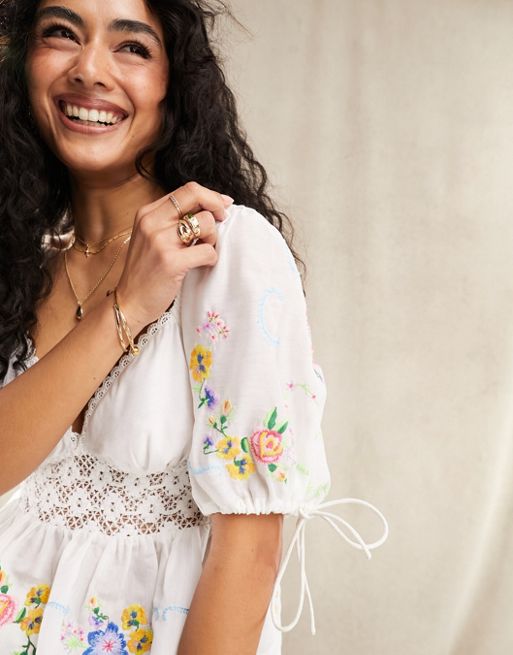 ASOS DESIGN embroidered lace tea blouse in white