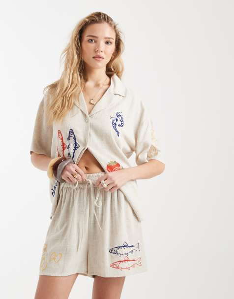 ASOS DESIGN embroidered linen look short co-ord in stone - view 1