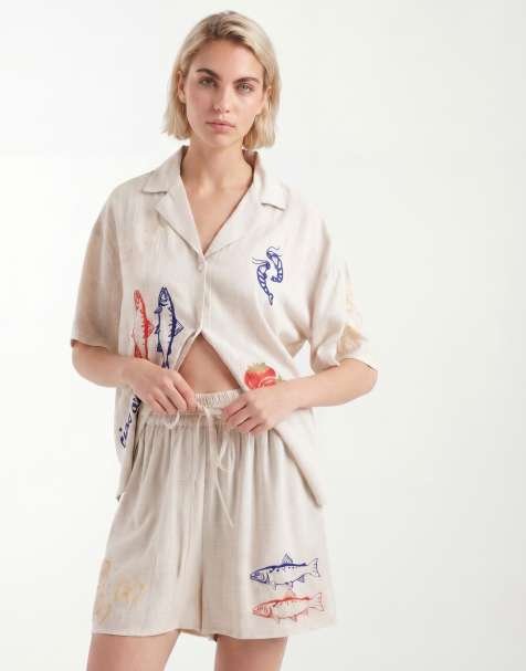 ASOS DESIGN embroidered linen look shorts in stone (part of a set) - view 1