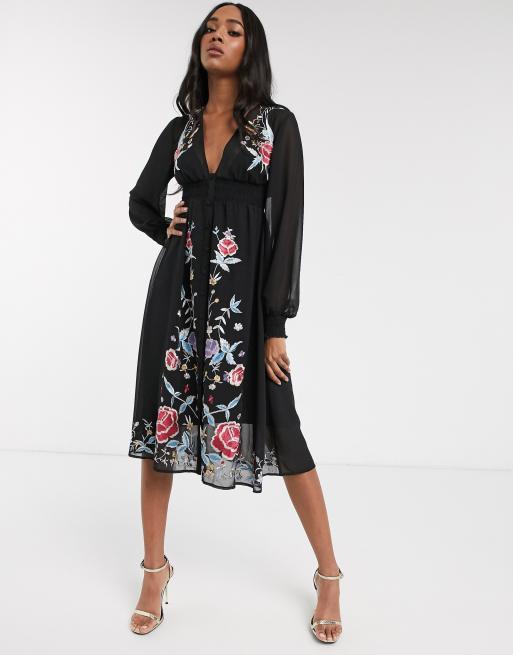 ASOS DESIGN embroidered long sleeve button through midi dress with ...