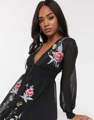 asos design long sleeve embroidered midi dress