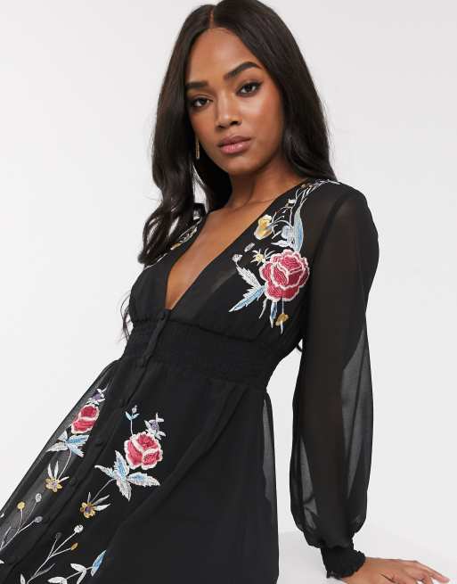 Black long on sale sleeve embroidered dress