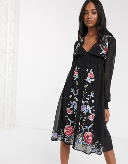 ASOS DESIGN embroidered long sleeve button through midi dress with shirred waist in black