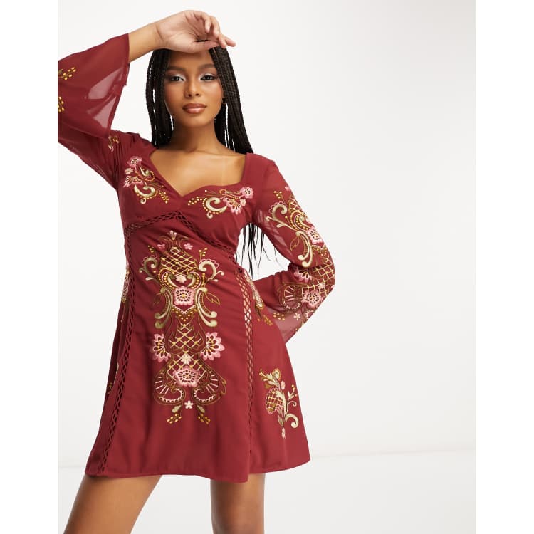 Embroidery Dress, Long Sleeve Dress Women